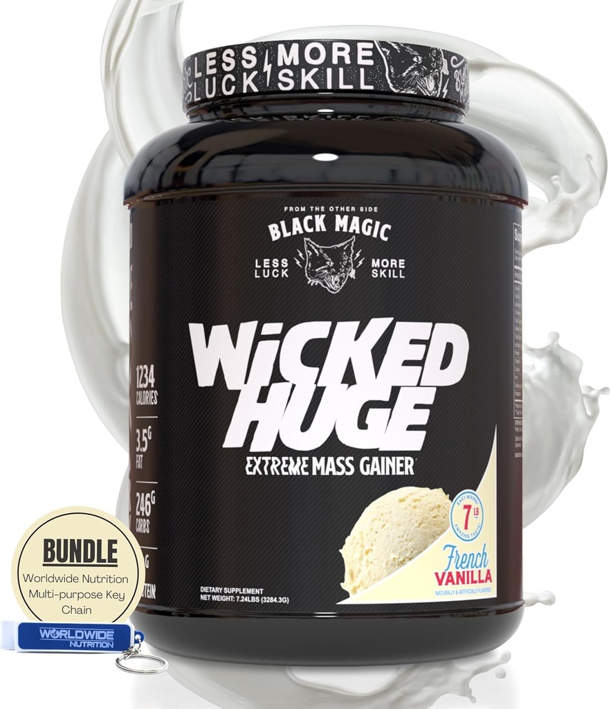 Over hele verden Ernæring Bundle Kompatibel med Black Magic Wicked Store - Mass Gainer Fransk Vanilla Flavor for Muscle Support and Recovery, 7.24 LBS Protein Powder Supplement med Keychain