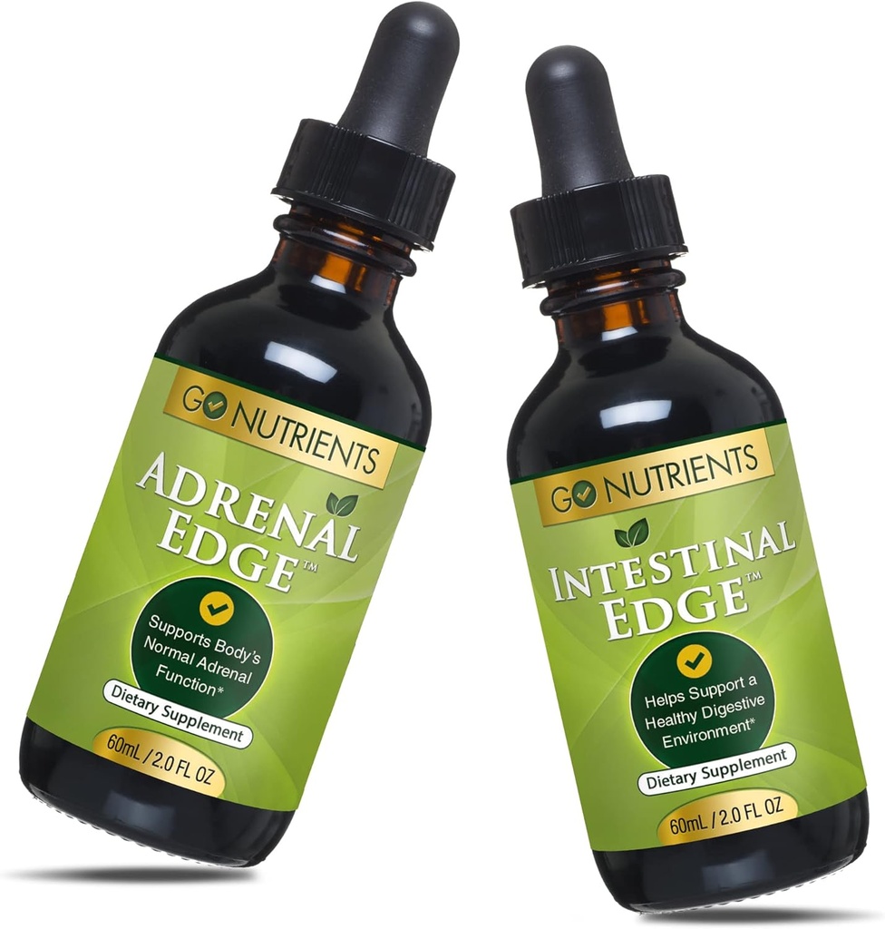 Go Nutrienter Adrenal Edge & Intestinal Edge | Digestivt kosttilskudd | Energi og tretthet Supplement Cortisol Manager flytende dropper ikke-GMO, Glutenfri, 9 Powerhouse Urter Hold kroppens adrenal funksjon
