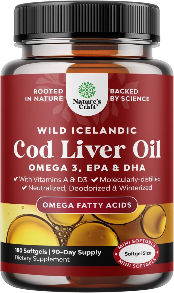 Islandsk Cod Liver Oil Softgels - Wild Caught EPA DHA Omega 3 Fish Oil 1000mg per porsjon - Sustainablely Source Burpless Fish Oil Supplement med vitamin D3 & A for hjerte felles hjerne & immun støtte