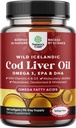 Islandsk Cod Liver Oil Softgels - Wild Caught EPA DHA Omega 3 Fish Oil 1000mg per porsjon - Sustainablely Source Burpless Fish Oil Supplement med vitamin D3 & A for hjerte felles hjerne & immun støtte