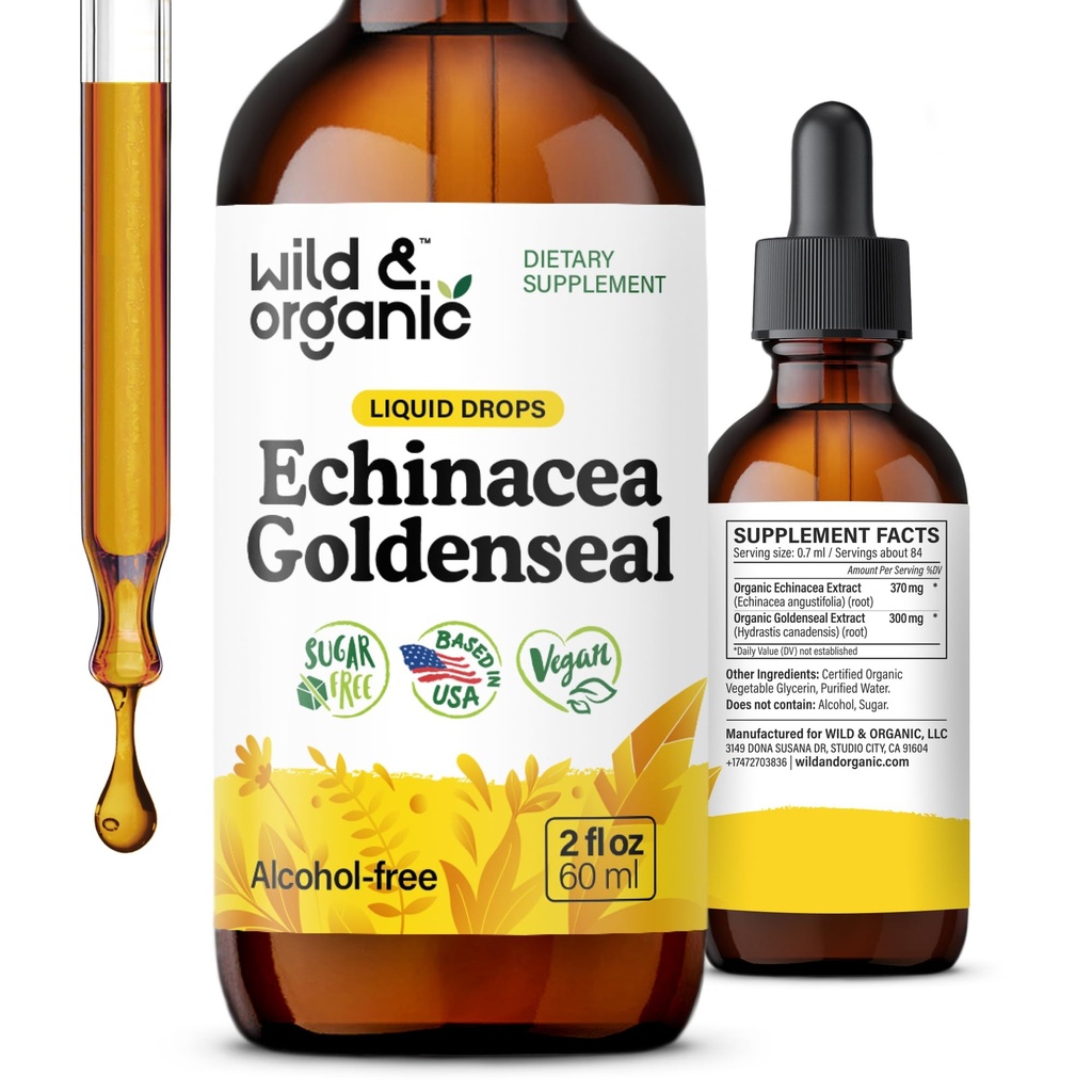 Wild & Organic Echinacea Goldenseal flytende dråper - immunstøtte Supplement m/Goldenseal Echinacea Root Extract - Vegan, Sukker & alkoholfri tinktur - 2 fl oz