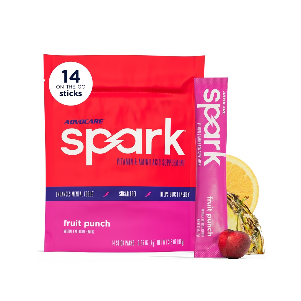 AdvoCare Spark - Energi Drink Mix - Vitamin & Aminosyre Supplement - støtter energi og fokus* - Bærbar immunologisk støtte* - Sukkerfri - Fruit Punch, 14 Stick Packs (3,5 oz)