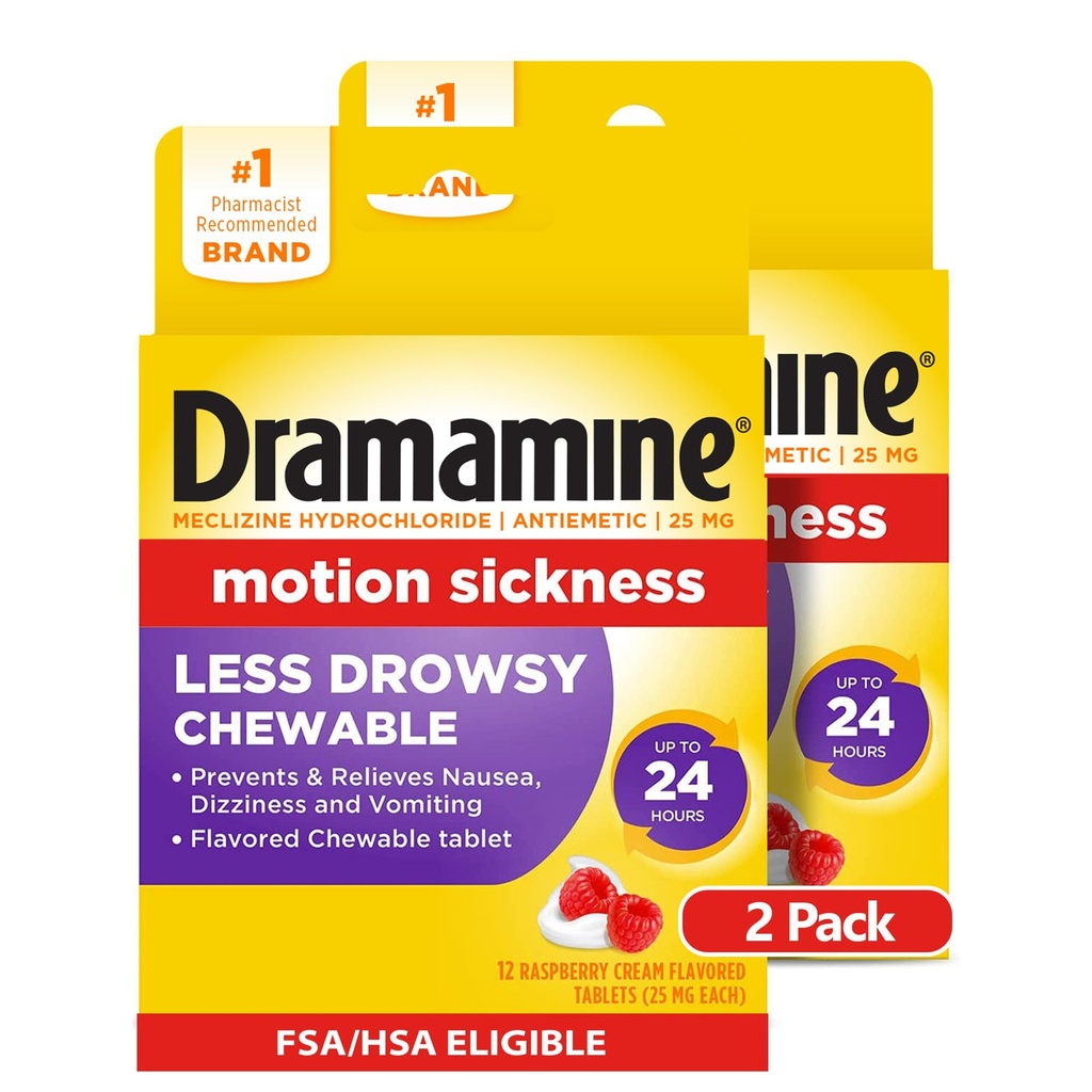 Dramamine Chewable Mindre Drowsy, Motion Sykdom Relief, Raspberry Cream Flavor, 12 Count, 2 Pack