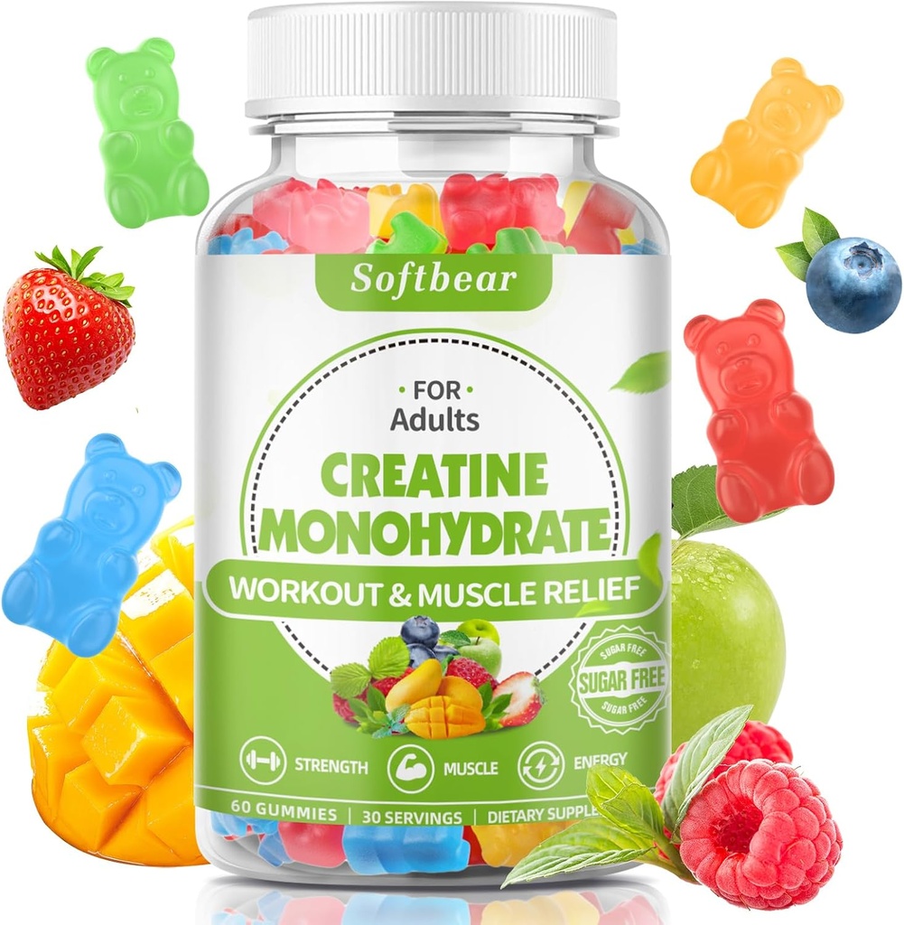 mouthbear 5000mg Kreatin Monohydrat Gummies for menn kvinner, Vegan kreatin HCL Supplement Pre Workout Gummies for muskelbuilder styrke blandet flavor 60 greve