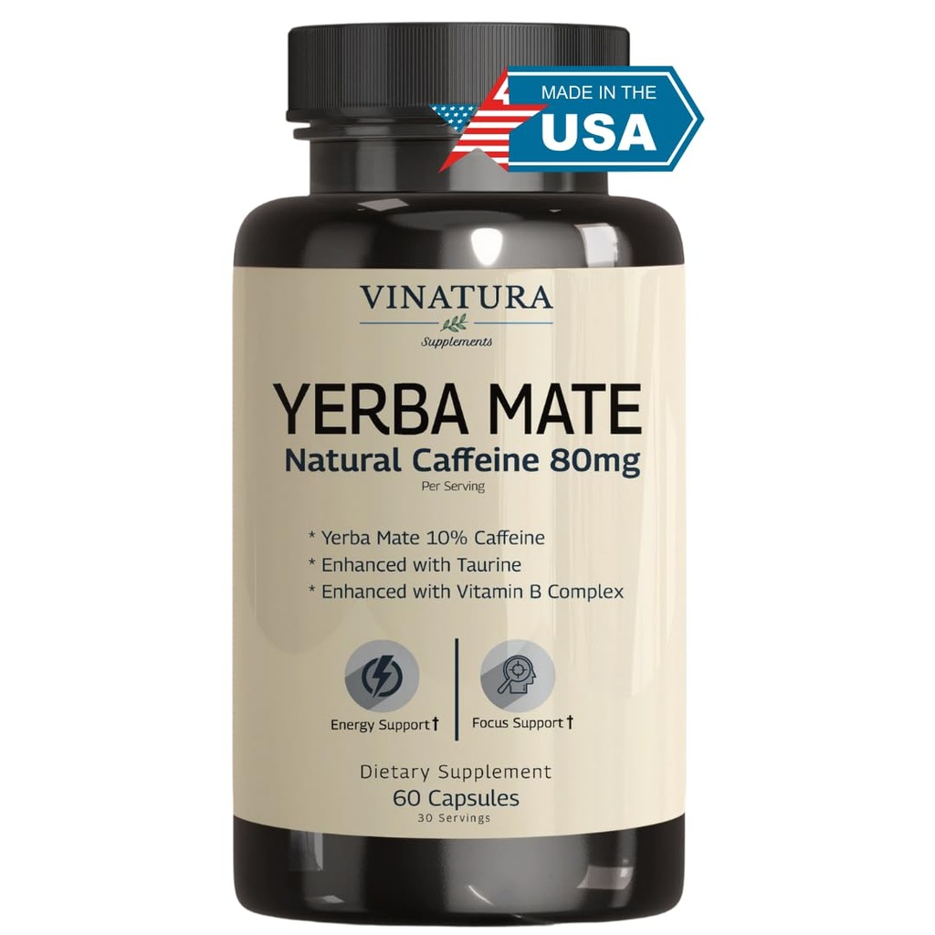 Yerba Mate 1400mg - Magisk naturlig koffein & energi kosttilskudd * USA laget og testet * høy styrke forbedret med Taurin og vitamin B kompleks - 60 kapsler
