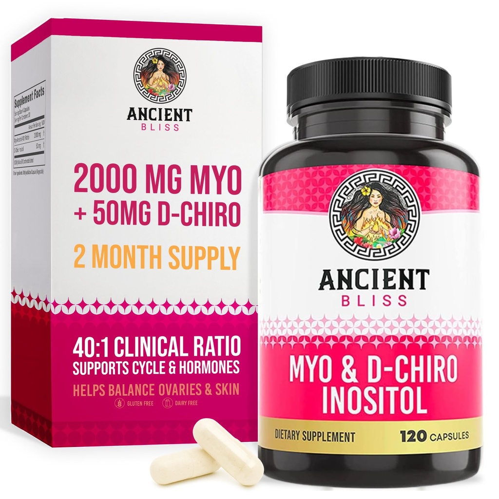 Gamle Bliss Myo & D-Chiro Inositol Supplement, 40 til 1 Ratio, Hjelper i Ovarian funksjon støtte for kvinner, vitamin B8 hjelper å regulere menstruell syklus, 2050mg per servering, 120 Vegansk kapsler