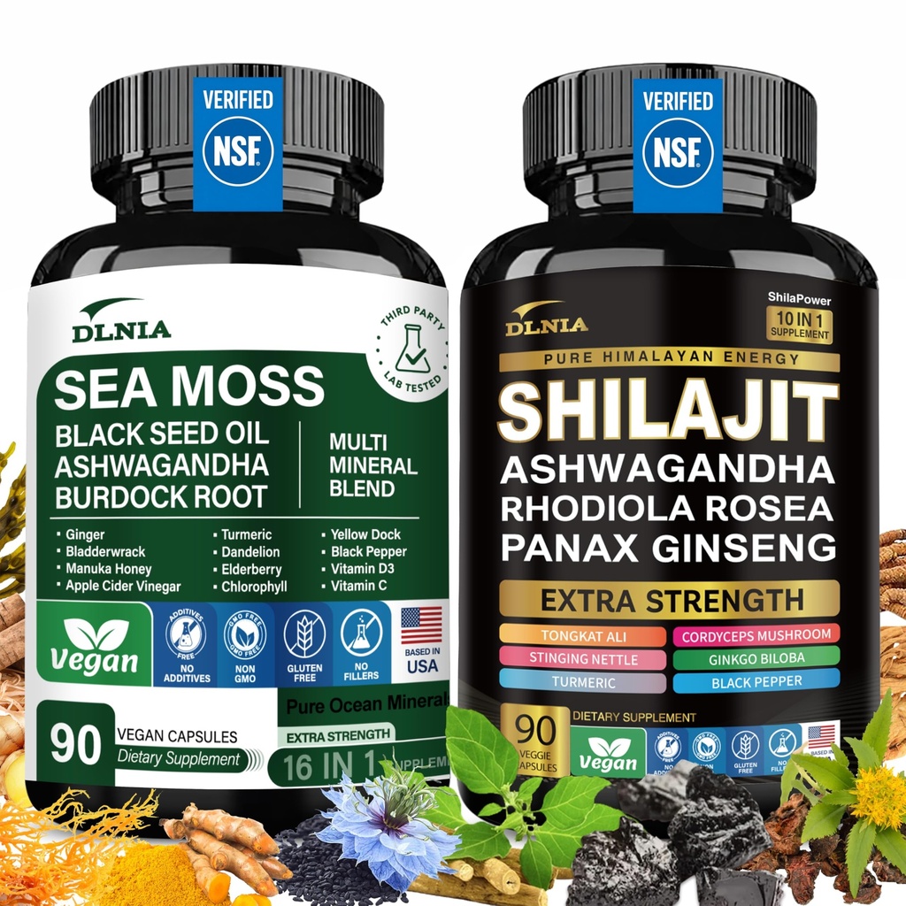 Shilajit 9000mg, Sea Moss 17500mg, Ginger & Sort Seed Oil 4000mg, Ashwagandha 5000mg, Rhodiola Rosea, 1000mg Panax Ginseng 1500mg, Alt i 1 Supplement - Sea Moss & Shilajit Vitality Bundle