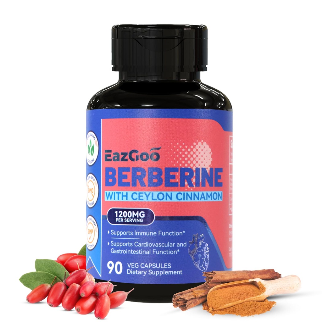 Premium Berberine Supplement 1200 mg med Ceylon kanel - 90 Vegan Capsules - Berberine HCL Supplement Ikke-GMO Glutenfri, Immun støtte