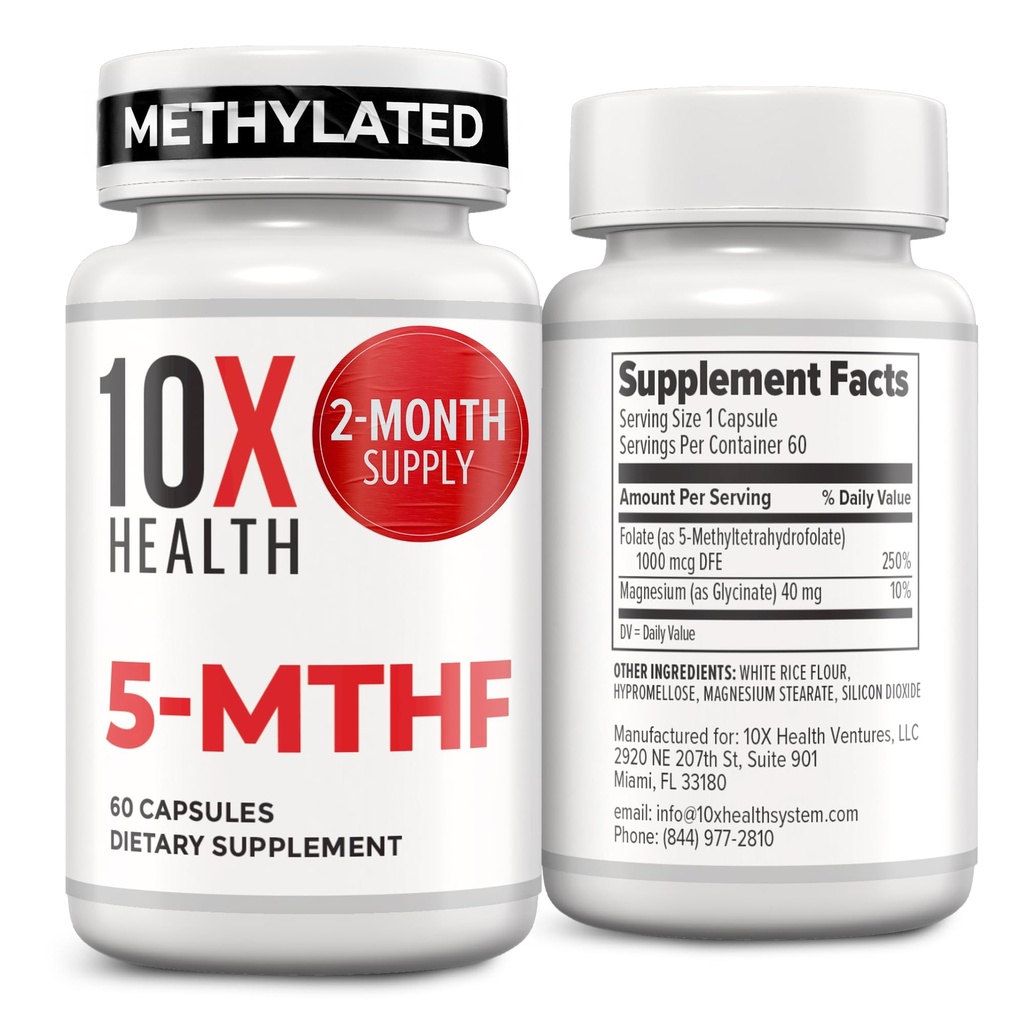 10X Helse 5-MTHF Metylfolat - Metylert Folat & Magnesium for hjerne, hjertehelse, DNA og nevrotransmitter Syntese - Biotilgjengelig Metyl Folat Supplement - Metylfolat Supplement 60 Kapsler