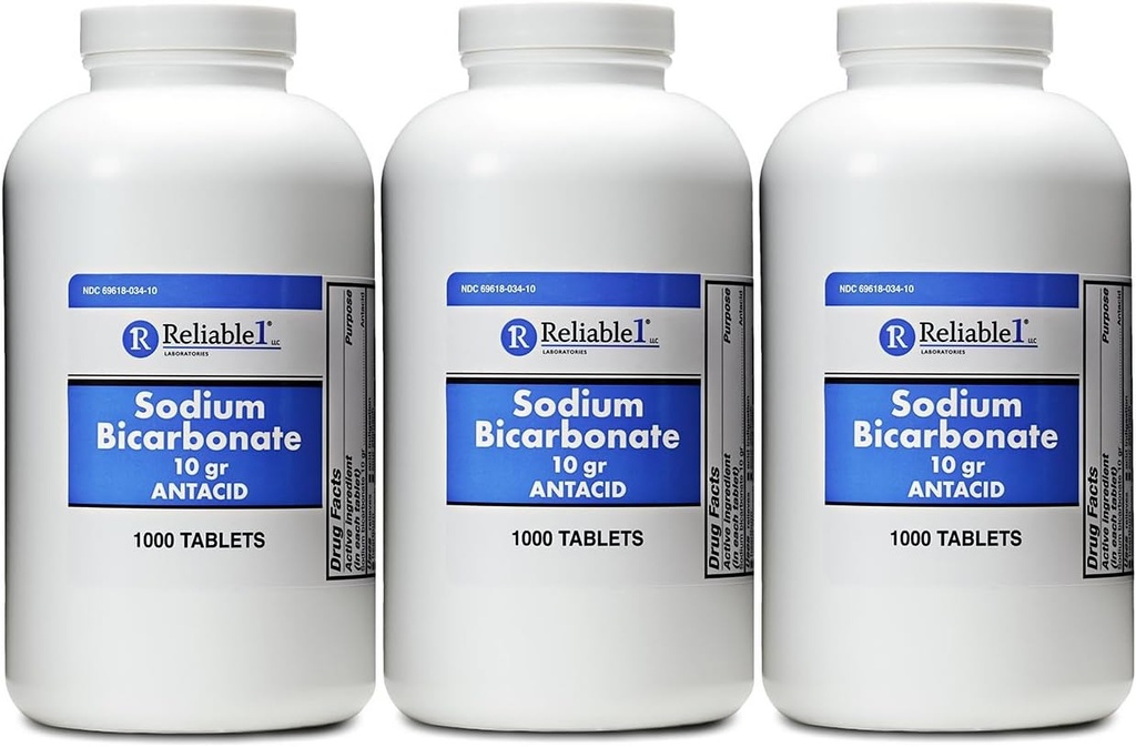 Natriumbikarbonat 650 mg 1000 maursyretabletter, for relief av syreødeleggelse, hjertebrann, sur mage og oppsett mage pakke med 3