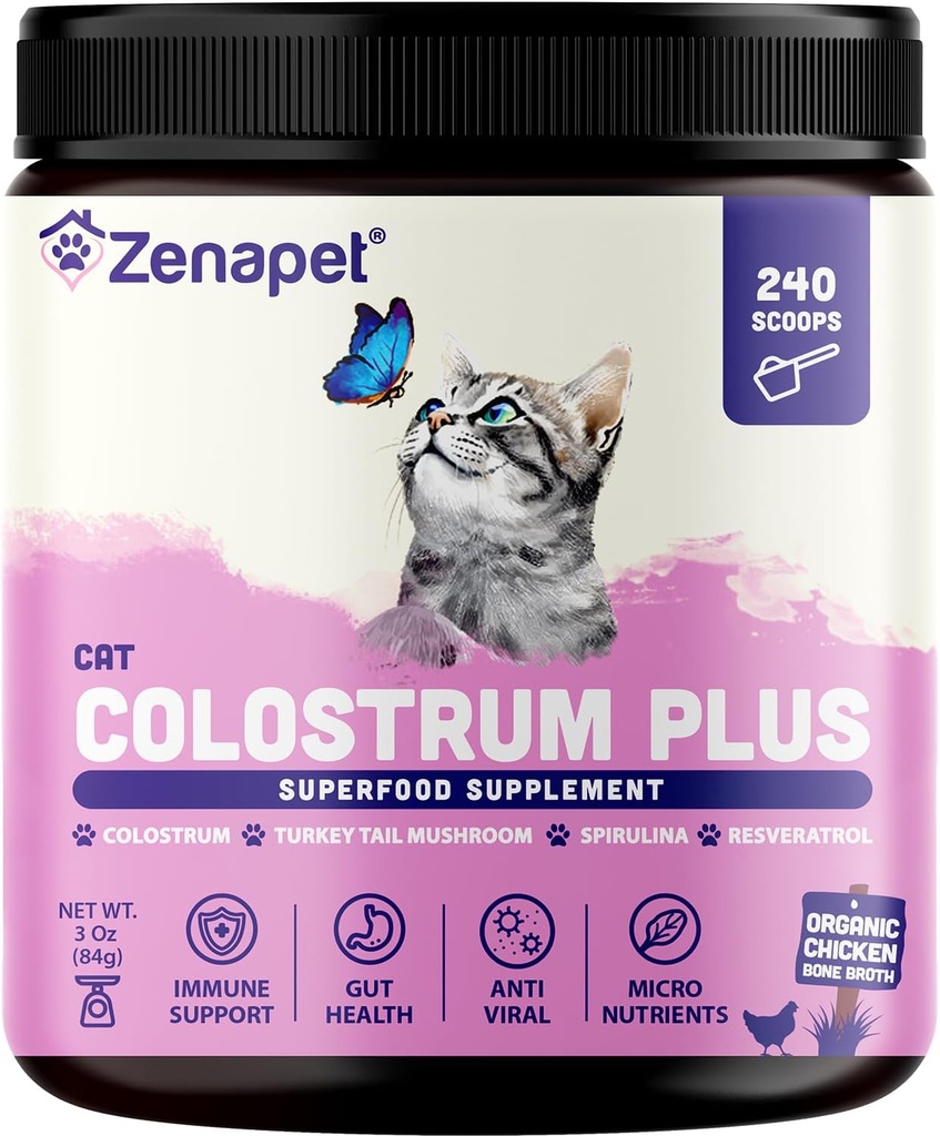 ZENAPET Cat Colossrum Plus Premium PowderTopper, Immun & Digestiv Helse Supplement, 240 Services (8-måneders forsyning), støtter hud og Coat, laget i USA