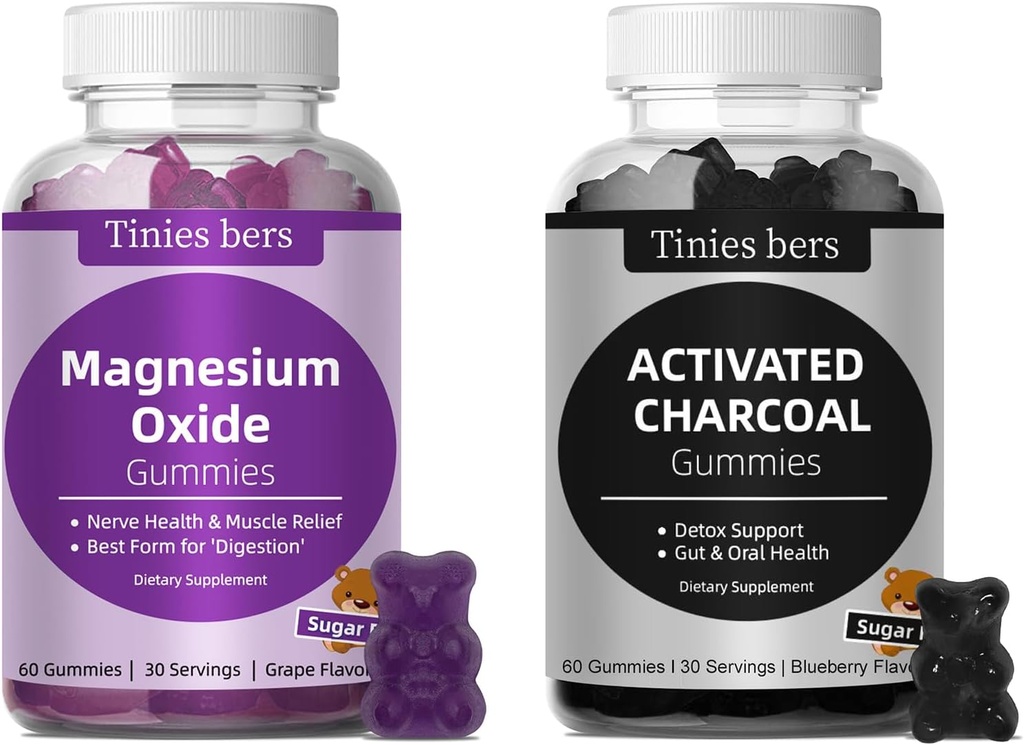 Aktivert Charcoal Gummies 400mg, Magnesiumoksid Gummies 500mg Sukker Gratis for voksne og barn, raskere å rense, Detox, Gass Relief, Gut & Oral Helse, Beste Mg Form for \"Digasjon\"
