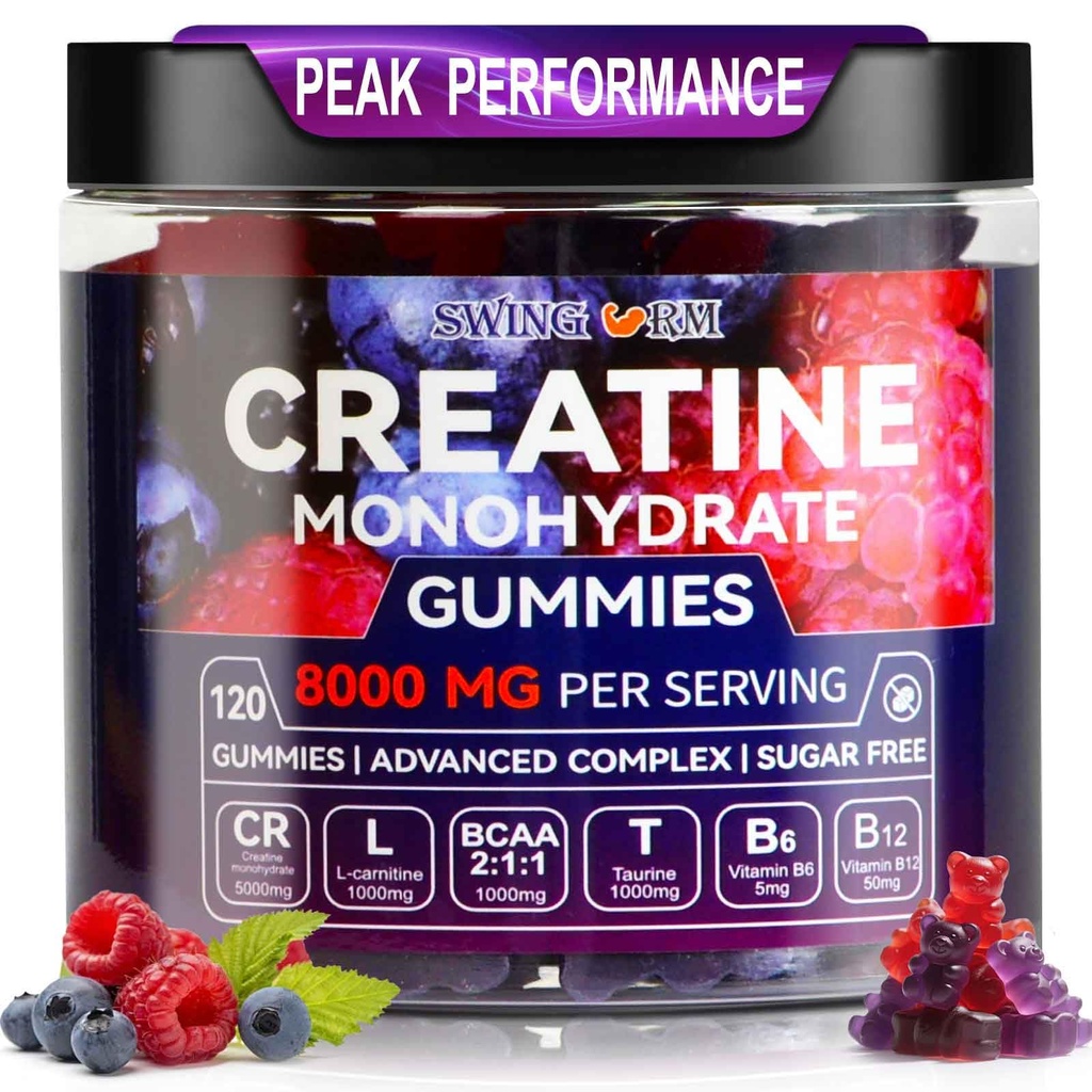 Kreatin Monohydrat Gummies 6500mg per servering for menn og kvinner - 120 Gummies X5 Styrke Sukker Gratis Chewable Kreatin for muskelbygger, Muskelstyrke, Pre-Workout Supplement (Blueberry)