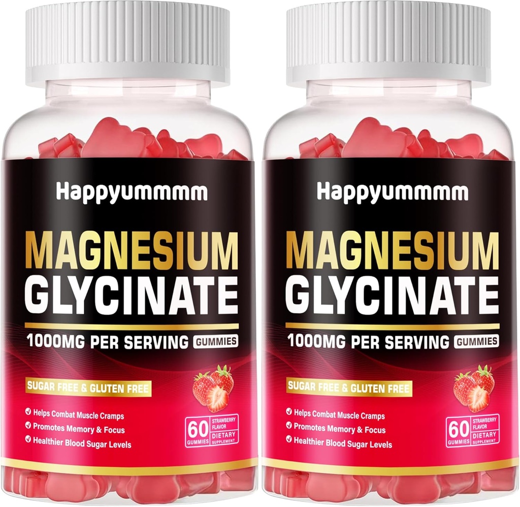 Magnesium Glycinate Gummies 1000mg - sukker gratis magnesiumkalium Supplement med vitamin D, B6, CoQ10 for rolig mood og søvn støtte - 120 Jordbær Gummier