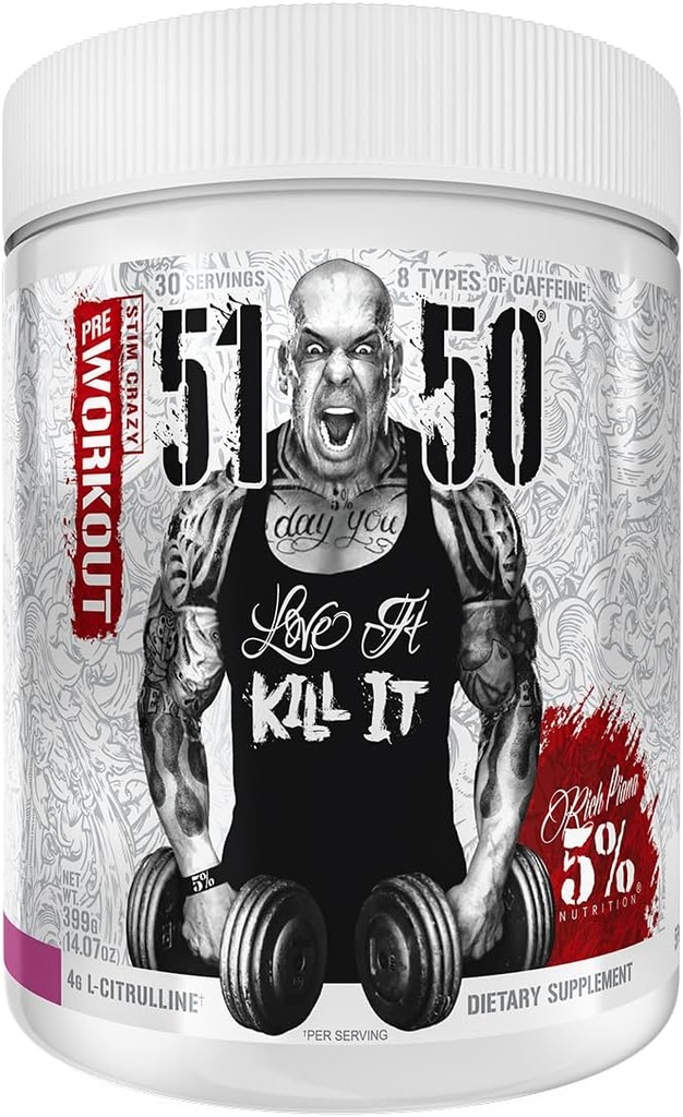 Rik Piana 5% Ernæring 5150 High Stim Pre-Workout pulver | Ekstrem energi, fokus, pumper og utholdenhet | 400 mg koffein, citrullin, Beta alanin, N-Acetyl L-tyrosin | 30 Srvgs (Wildberry)