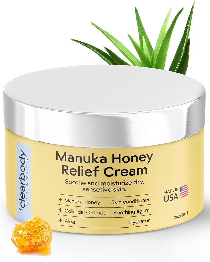 Clearbody Organics Manuka Honning Cream - 2 fl oz, Pakke med 1 - Soothing Eczema Cream - Deep Hydration med Colloidal Oatmele - Instant Manuka Relief for tørr, kløende hud