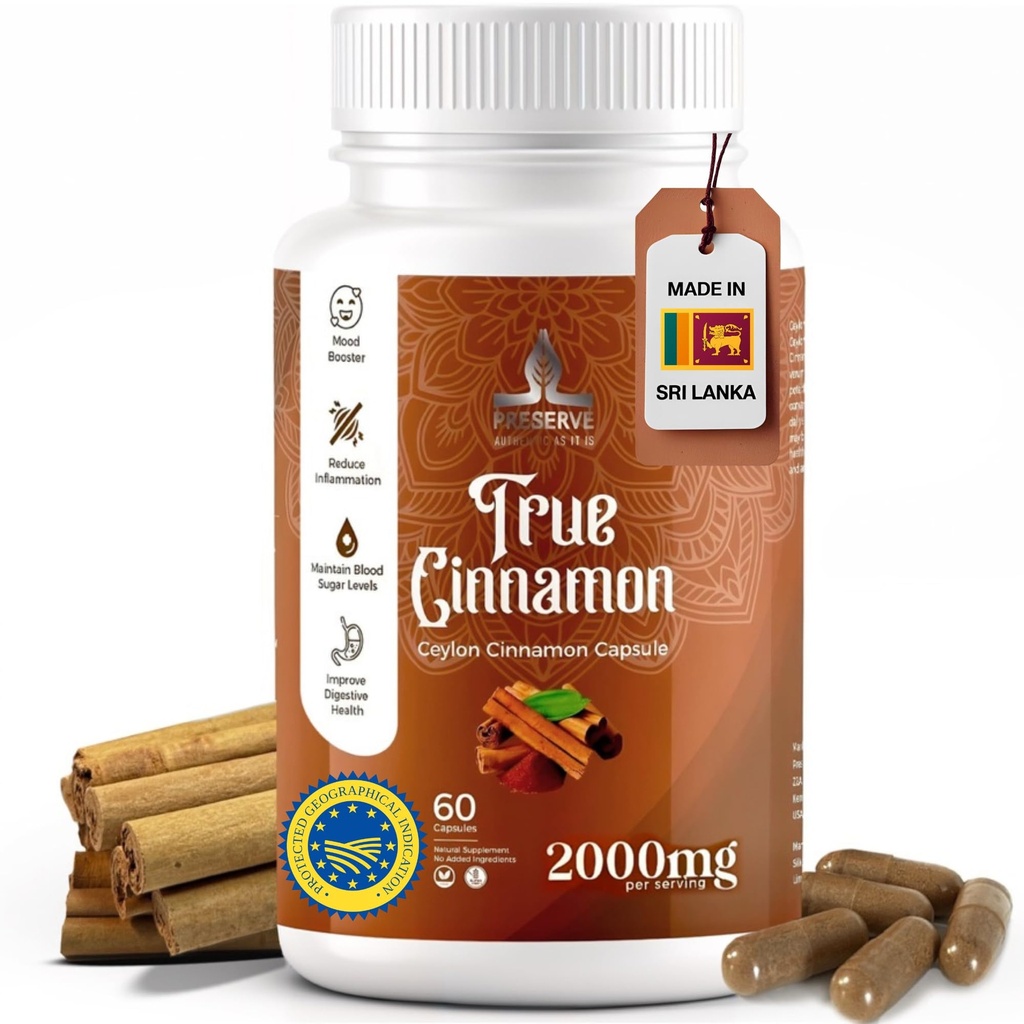 Pure Ceylon Cinnamon Capsules, 2.000mg, to måneders kosttilskudd i Sri Lanka |Non-GMO, Glutenfri, True Cinnamomum fra Sri Lanka, 100% ren kanel (NOT blanding med Cassia).