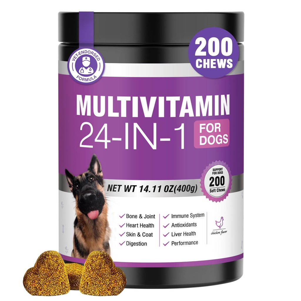 24-in-1 Hundevitaminer og kosttilskudd 200 Ct Hunde Multivitamin Chewable Contain Chondroitin Probiotika Omega-3 Glukosamin for hunder Hude Coat hjerte felles Gut Liver Brain Eyes Immunstøtte - Kylling
