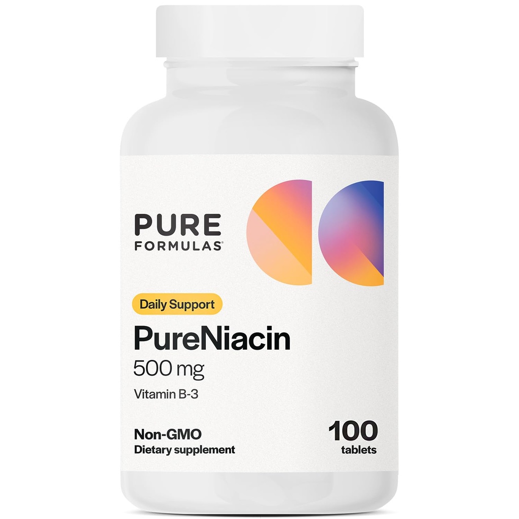 PureFormulas ren niacin - Vitamin B3, 500 mg Umiddelbar frigjøring Niacin 500 mg - Nikotinsyre 100 tabletter - Ikke-GMO B3 vitaminer Niacin Supplement