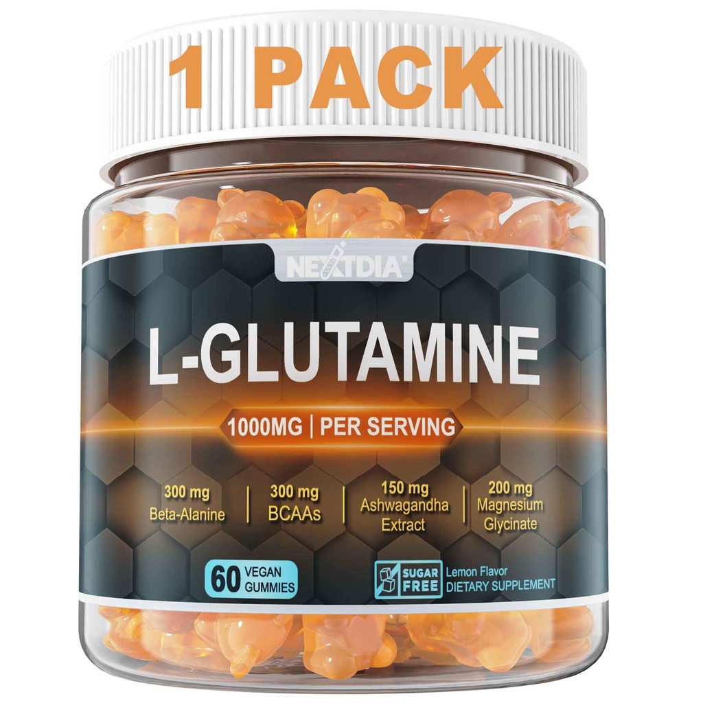 L-Glutamin 1000mg Gummies for kvinner og menn med Beta-Alanin, BCAA, Magnesium Glycinat, Kalium og Ashwagandha | Vegan | Sukkerfri og ekstra-Chewy | 60 greve
