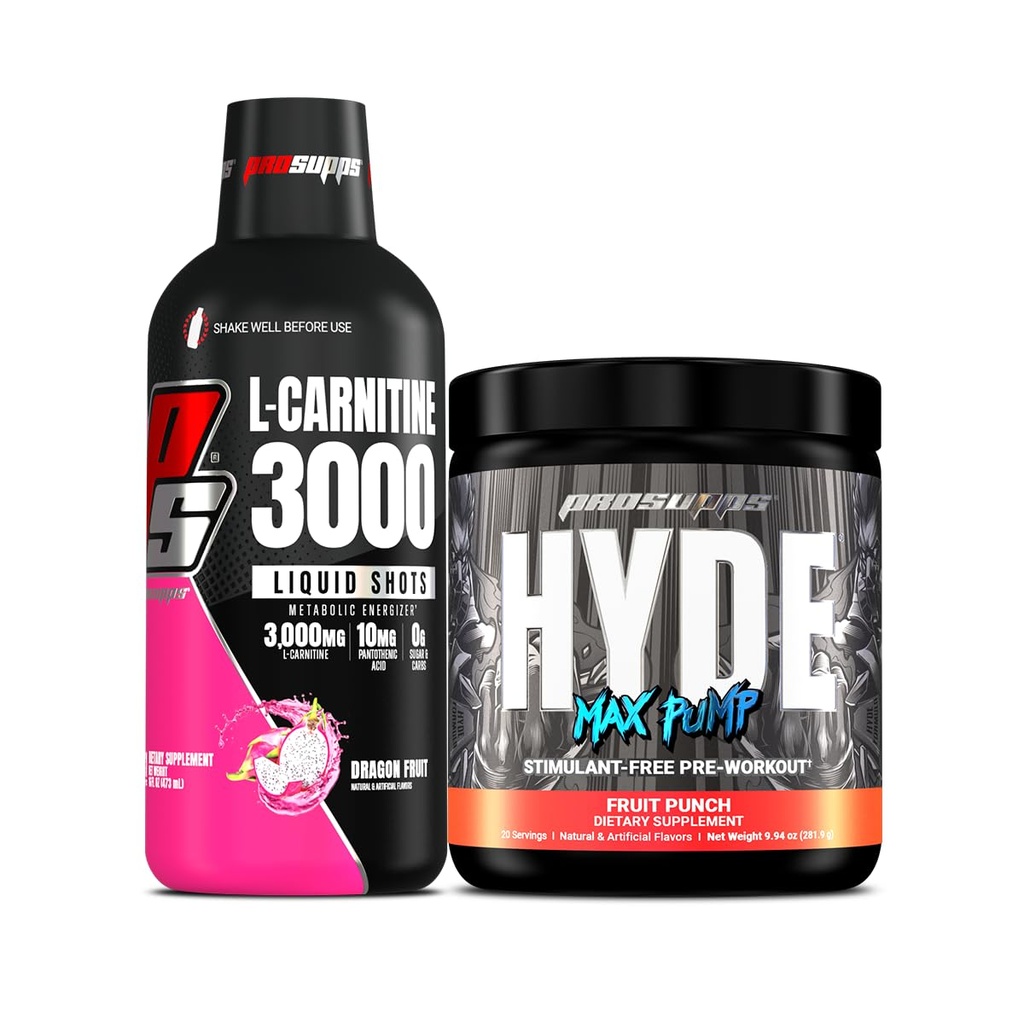 PROSUPPS L-karnitin 3000 Stimulant Gratis flytende skudd (Dragon Frukt) og Hyde Max Pump Pre Trening for menn og kvinner (Fruit Punch) Bundle