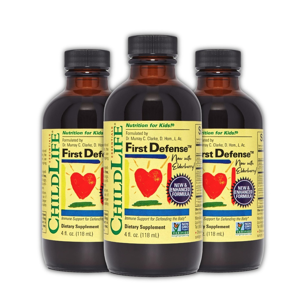 CHILDLIFE ESSENTIALs First Defense - Barns immunstøtte, immunstøtte for barn, Toddlers 1-3, Babyer 6 måneder +, Vitamin Syrup med eldrebær, sink, ikke GMO, Glutenfri - 4 Fl Oz (pakke med 3)