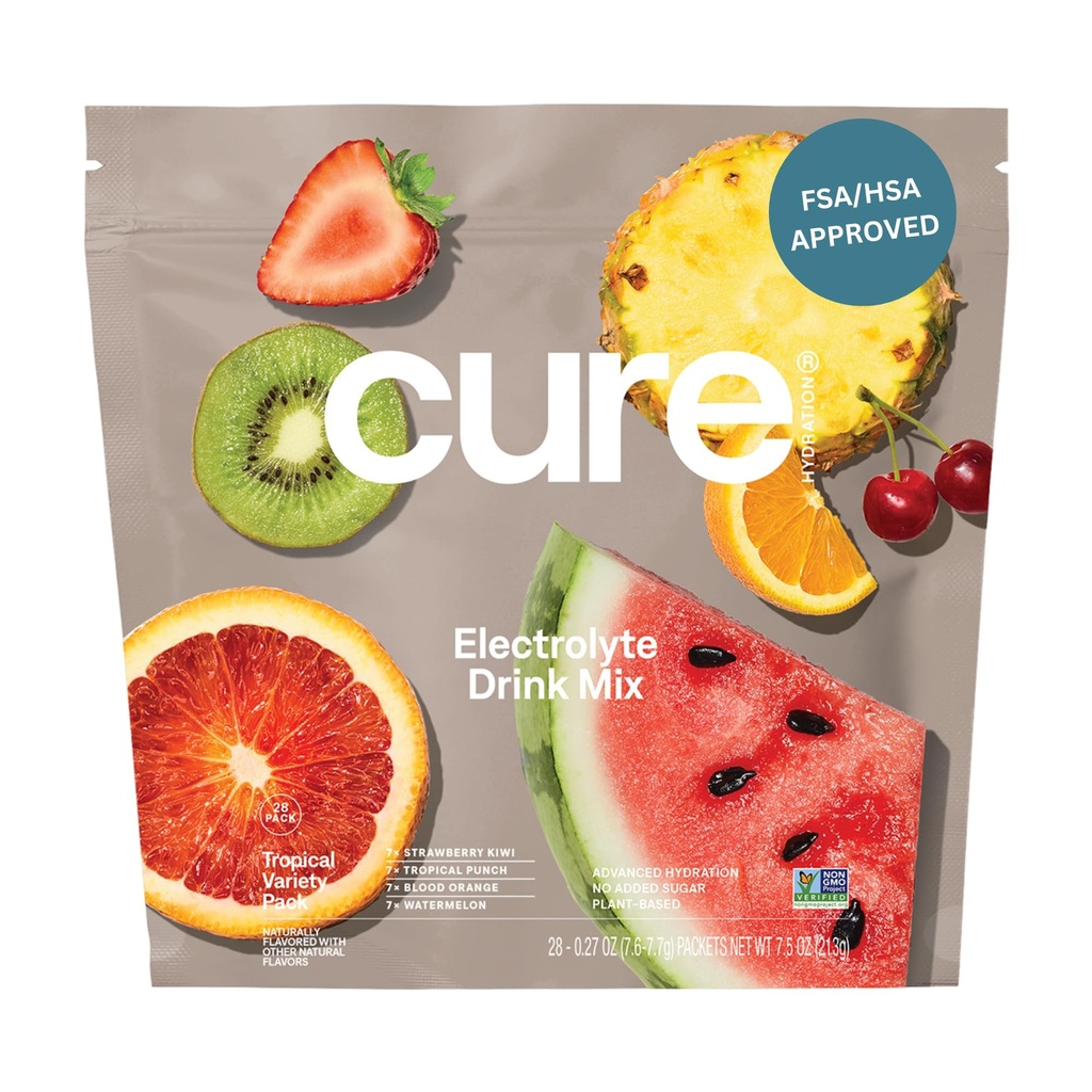 Cure Hydration | Plantebasert elektrolyt drikkblanding | Ingen tilsatt sukker | FSA-HSA | Dehydrering relief pulver laget med kokosvann | Ikke-GMO | Vegan | 28 pakker - Tropisk Variety pakke