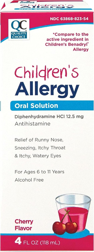 Kvalitet valg barneallergi medisin, ikke-drowsy flytende antihistamin løsning. Alkoholfri Cherry Flavor Aktiv Diphenhydramine for Cough, Runny Nese, Kløe øyne og Throat Relief 4 oz