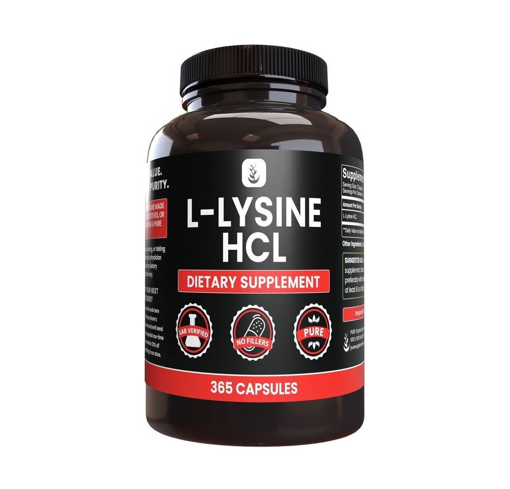 PURE ORIGINAL INGREDIENTS L-Lysin HCl (365 kapsler) Ingen magnesium eller Rice Fyllere, alltid ren, Lab verifisert