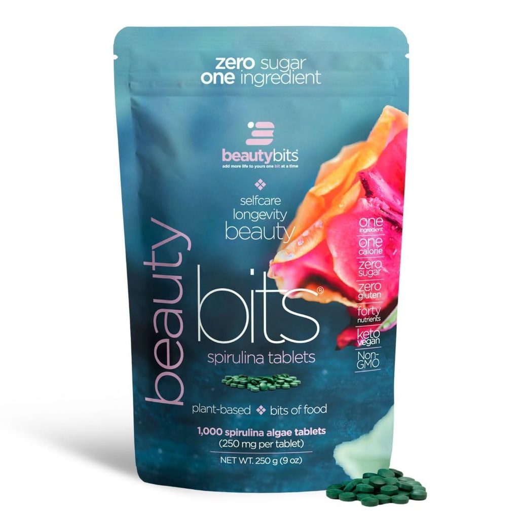 BEAUTYbits - organiske spirulina tabletter - Algae Superfood - kollagen, protein, klorofyll - Hår, negler, og hudpleie - Vegan, Keto, Glutenfri - Selvpleie - Skincare skjønnhetsgaver - 1000 Tablettveske