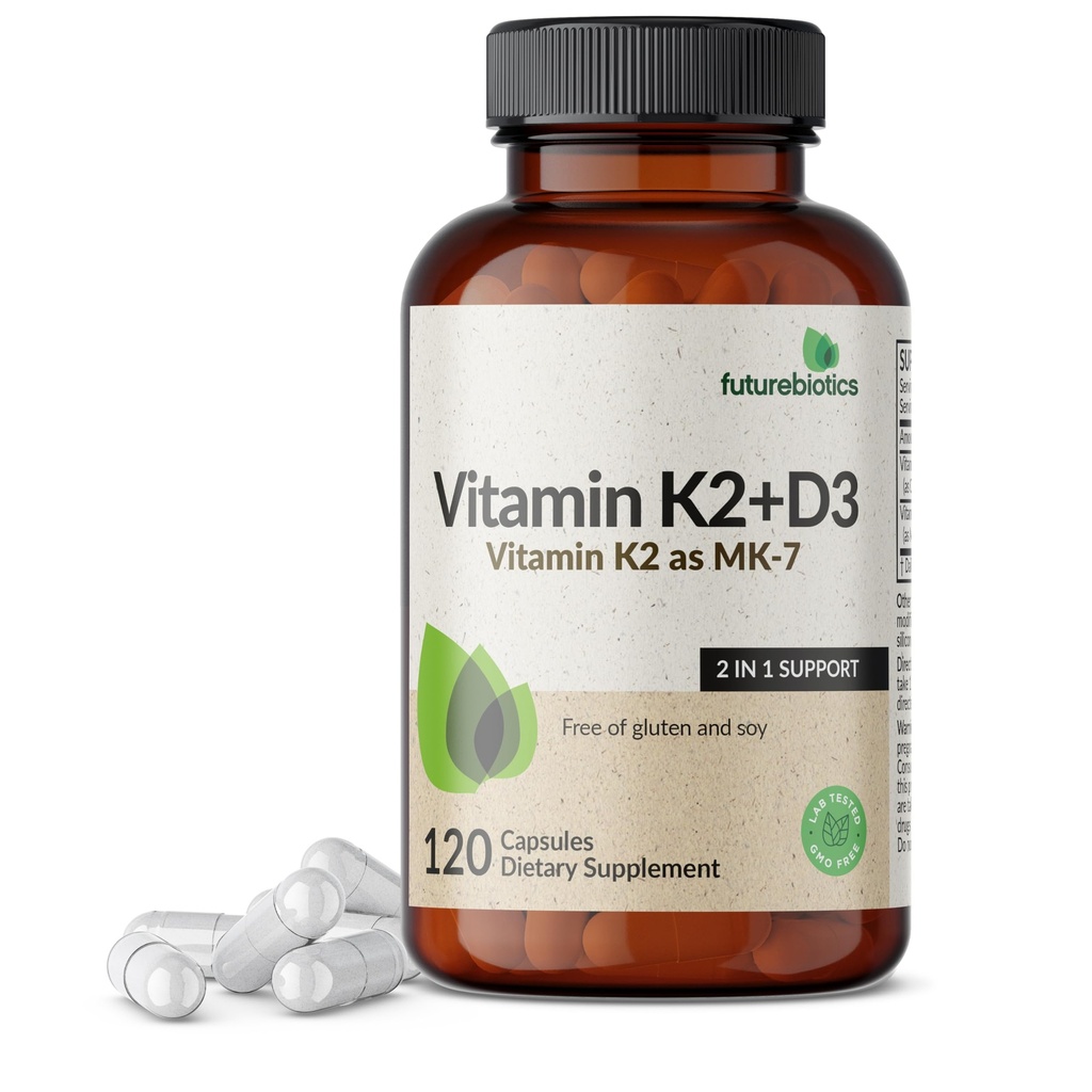 Futurebiotika vitamin K2 (MK7) med D3 Supplement - Ikke-GMO Formula - 5000 IE vitamin D3 & 90 mcg vitamin K2 MK-7, 120 vegetariske kapsler