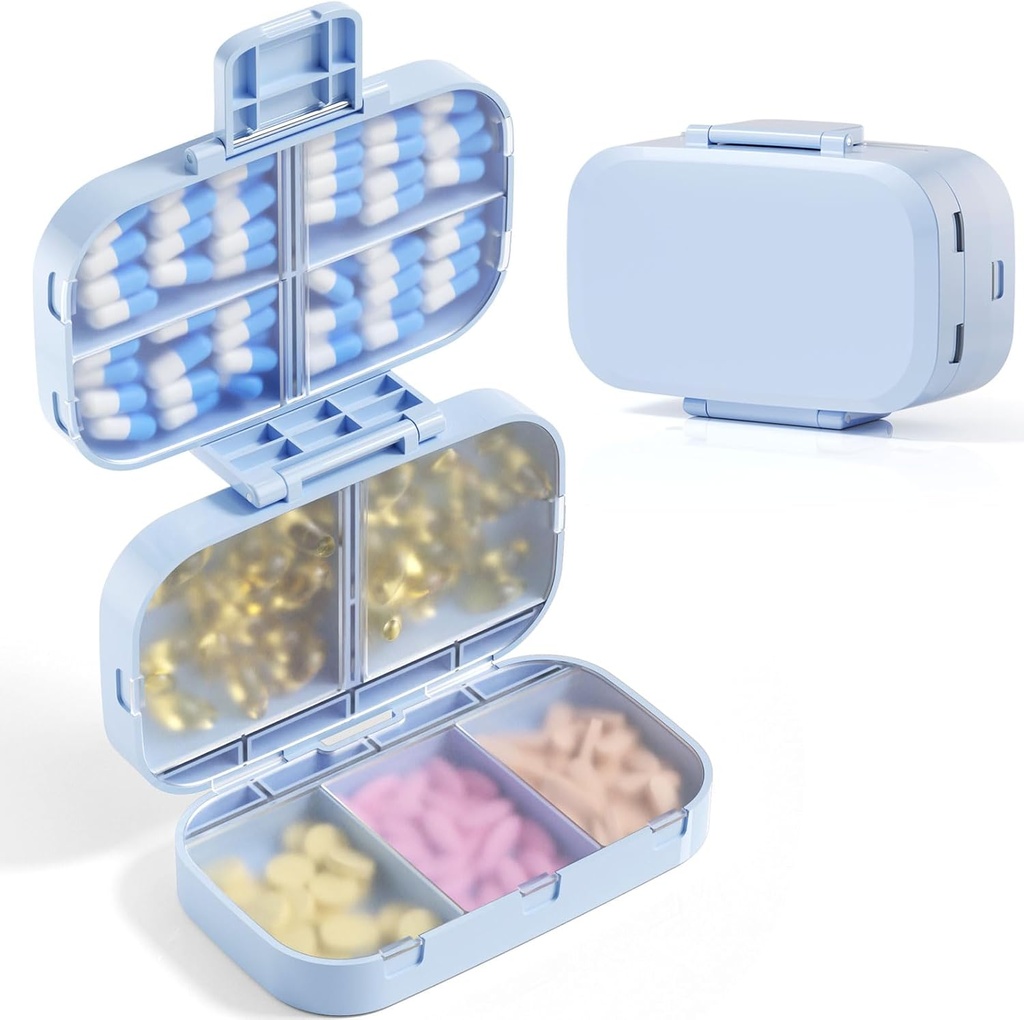 MEACOLIA Triple Folding Pill Organizer, 9 Compartments Reisepille tilfelle med stor kapasitet, Daily Pill Box Liten Pill Container for vitamin, Cod Liver Oil,Supplements (Blue)