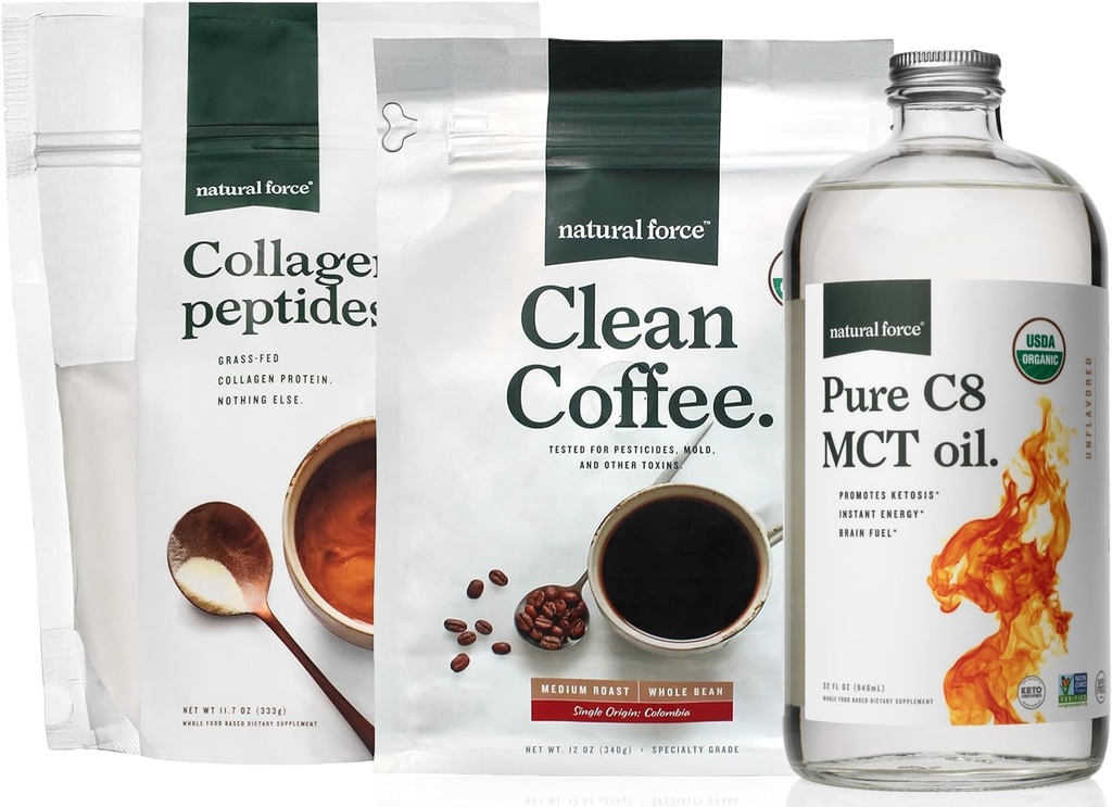 Naturlig kraft organisk ren kaffe, kollagen peptider, og ren C8 MCT oljebundel - toksinfri kaffe, korn Fed kollagen, & MCTs - ikke-GMO, keto, & Paleo - 12 Oz, 11.7 Oz, 32 Oz