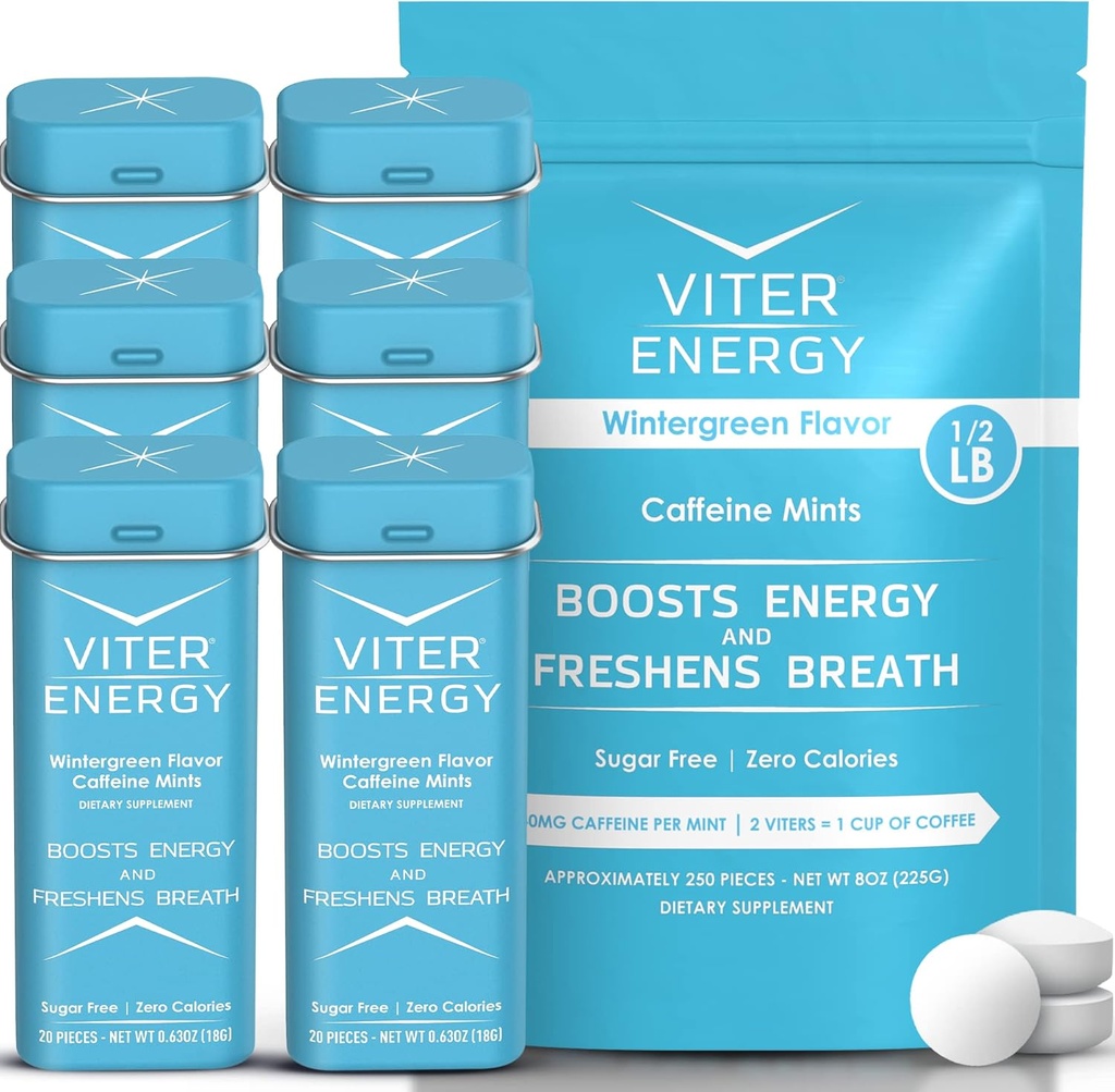 Viter Energi Original Koffein Mints Wintergreen Flavor 6 Pack og 1/2 Pound Bulk Bag Bundle - 40 mg Koffein, B vitaminer, sukkerfri, vegansk, kraftig energiforsterker for fokus og varsling
