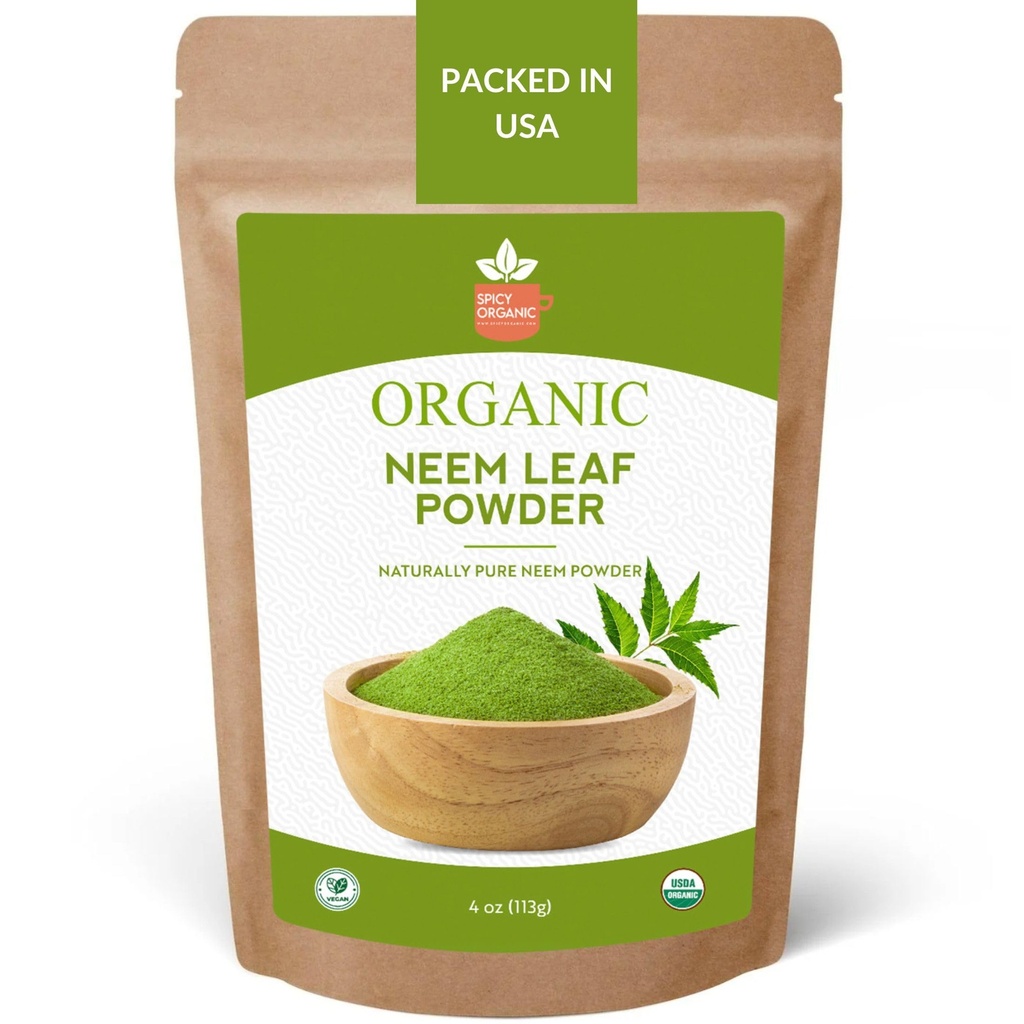 SPICY ORGANIC Neem pulver – 4 oz. - Certified USDA Organic -Non-GMO - Frisk tørket Neem etterlater pulver for sunnt hår og hud - Azadirachta Indica Ayurvedic urt for total velvære