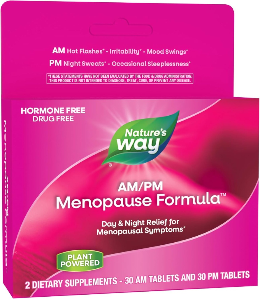 Naturens måte AM / PM Menopause kosttilskudd for kvinner, Hot Flash Relief*, Natt Sweats*, Restful Sleep*, Mood Swings*, Hormon-fri formeler med svart cohosh, Theanine, Valerian, 60 tabletter
