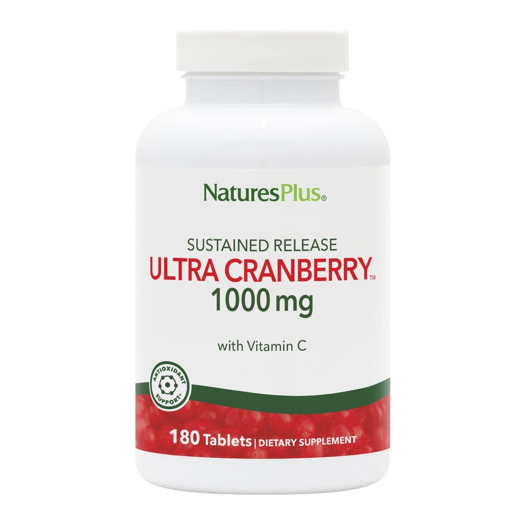 Natures Plus Ultra Cranberry 1000, frigjøring - 1000 mg - Naturlig Cranberry med vitamin C - fremmer urinveiens helse - 180 vegetariske tabletter (90 serveringer)