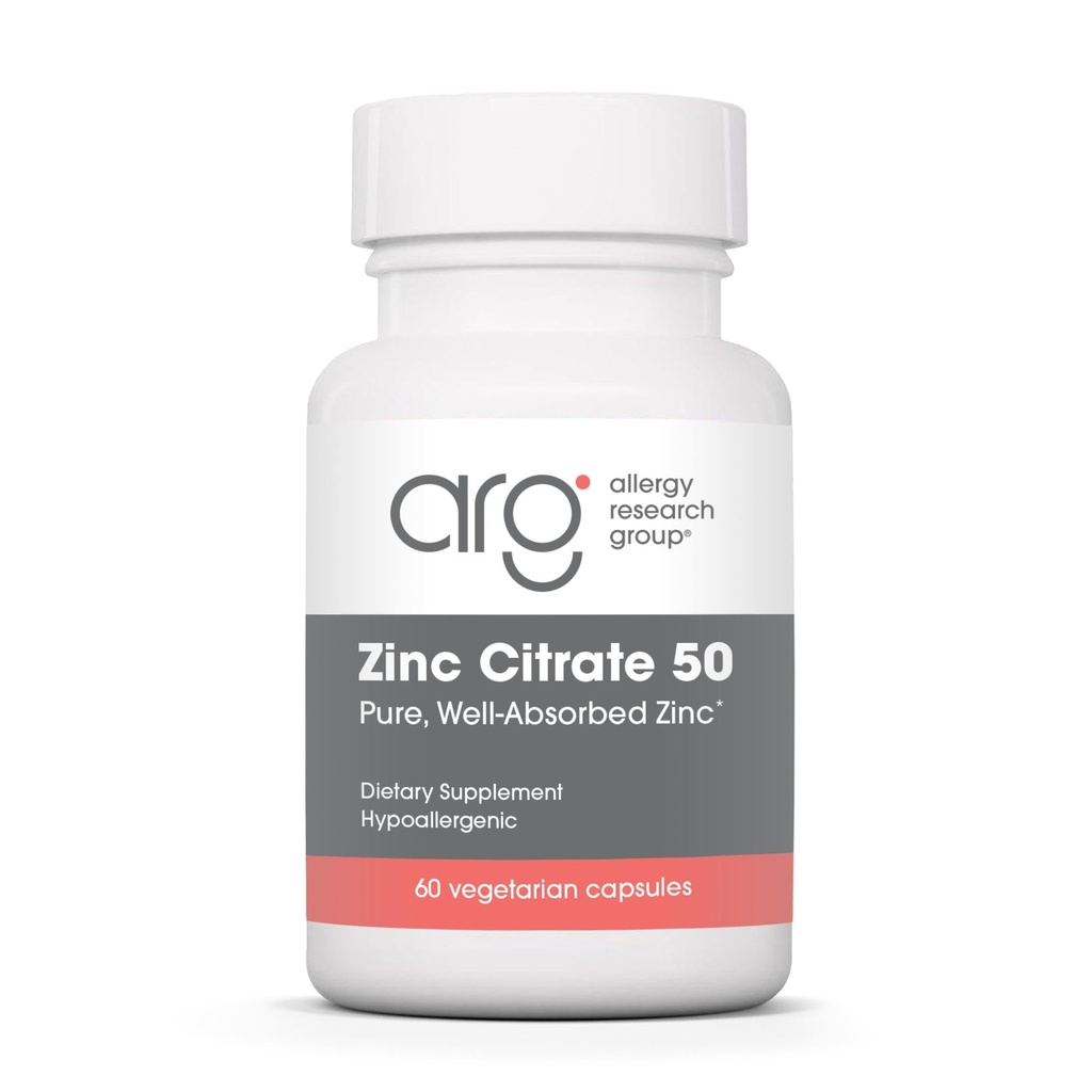 Allergi Forskningsgruppe Zink Citrat Supplement - Sink for menn og kvinner, Immun støtte, ren, velovertruffen, veltolerert, Trace Mineral, 50mg vegetariske kapsler - 60 Count