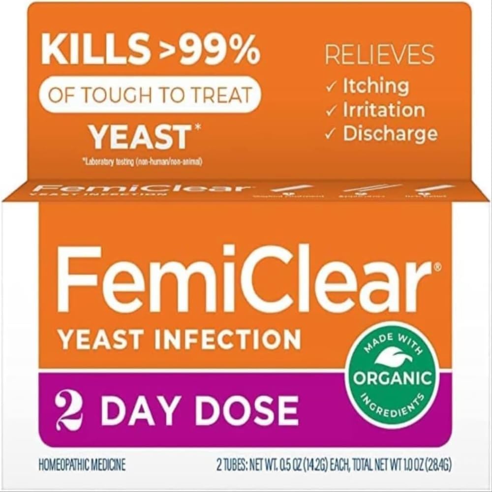FemiClear 2-dagers dose Yeast infeksjon og kløe kontroll ointment, for moderat til intense symptomer, laget med alle naturlige og organiske ingredienser, pluss ekstern anti-kyske ointment for Soothing Care