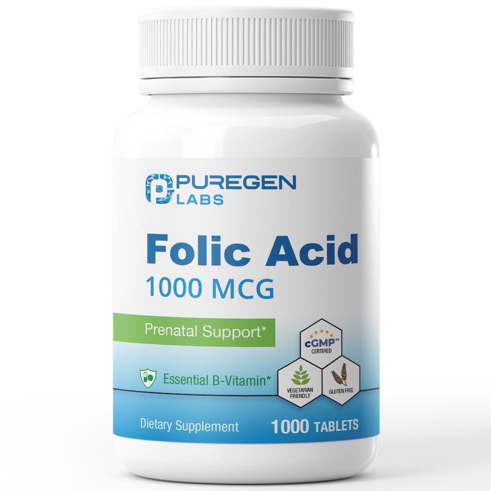 Puregen Labs Folic Acid 1000mg Tabletter | Vitamin B9 | Ikke-GMO | Glutenfri | Laget i USA | Verdistørrelse 1000 Tabletter
