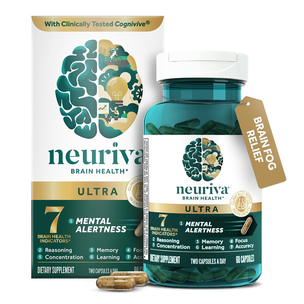 NEURIVA Ultra dekaffeinert klinisk testet nootropisk hjernesupplement for mental varsling, hukommelse, fokus og konsentrasjon, kognitiv, nevrofaktor, fosfatydyserin, vitaminer B6 B12, 60 kapsler