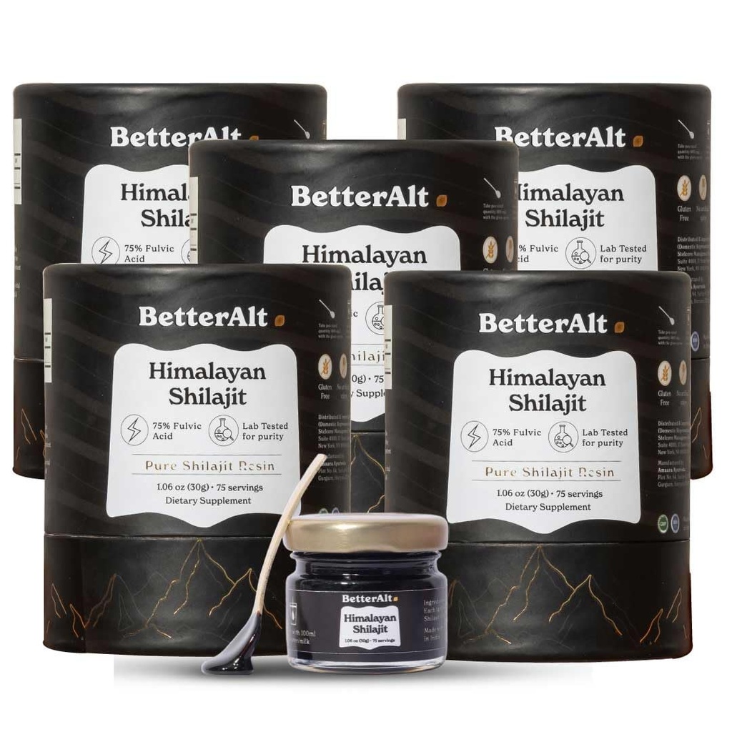 Bedre Alt Pure Himalayan Shilajit Resin pakke med 5 høy styrke gull grad 375 serveringer for energiforsterkning og immunstøtte, 85+ spormineraler, 75%+ Fulvic Acid, med Lab Test Report,400 mg