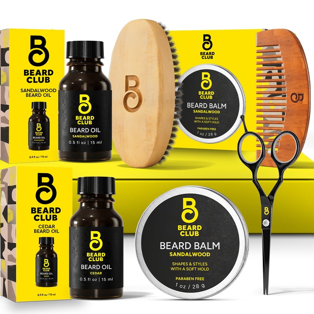 The Beard Club Beard Kit for menn - Grooming & Care Kit - Cedar & Sandalwood Olje, Sandalwood Balm, Boar Bristle Brush, Comb, Trimming Scissors - Dad Gavesett