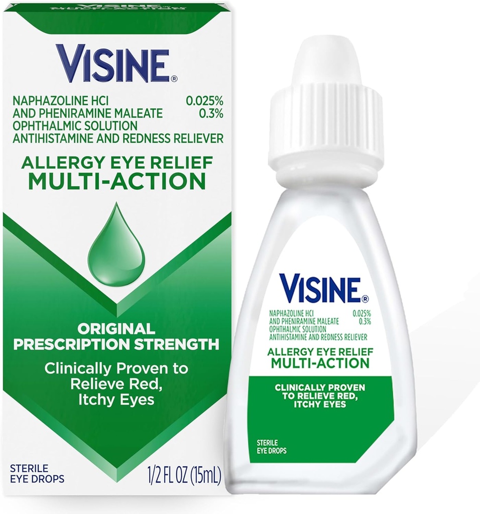 Visine Allergy Eye Relief Multi-Action Antihistamine & Rødhet Relief Eye Drops med Pheniramin Maleate & Naphazoline HCl, Allergy Eye Drop behandling for rød, kløende øyne, 0,5 fl oz