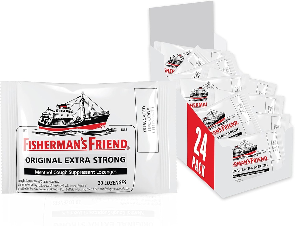 Fisherman's Venn Cough Drops, Cough Suppressant og Sore Throat Lozenges, Original Extra Strong, 10mg Menthol, 480 Drops (24 Pakker med 20)