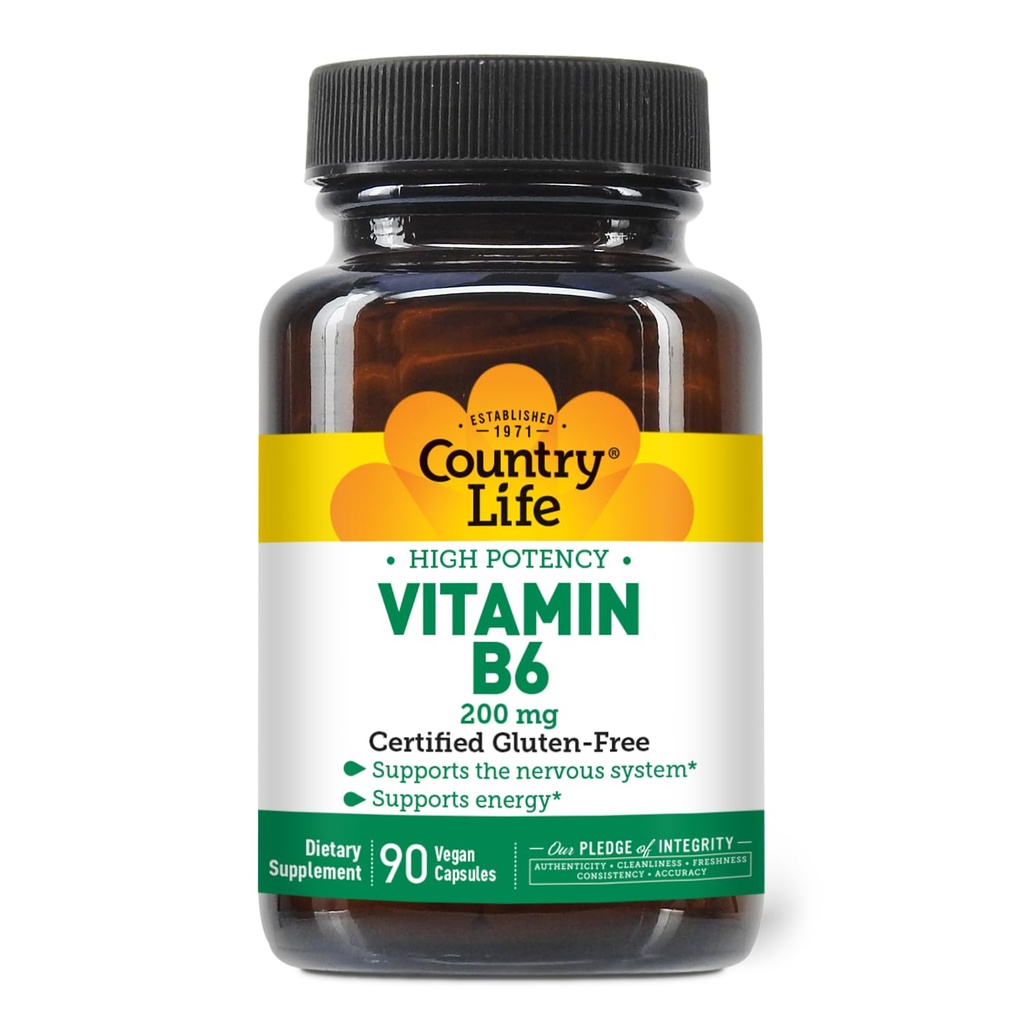 Country Life Vitamin B-6, høy styrke, støtter energi og nervesystemet, 200 mg, 90 vegan kapsler, sertifisert Glutenfri, sertifisert vegan, sertifisert Halal...