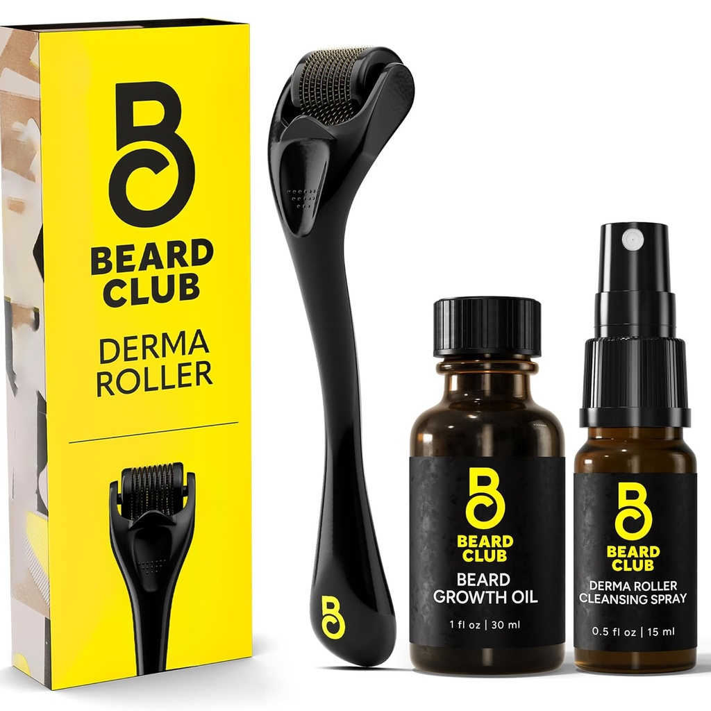 Beard Club Derma Roller, vekstolje og rengjøringssprøyte for ansikt, kropp og skalp - Mikronødvendig for menn og kvinner med 540 Titan Microneedles