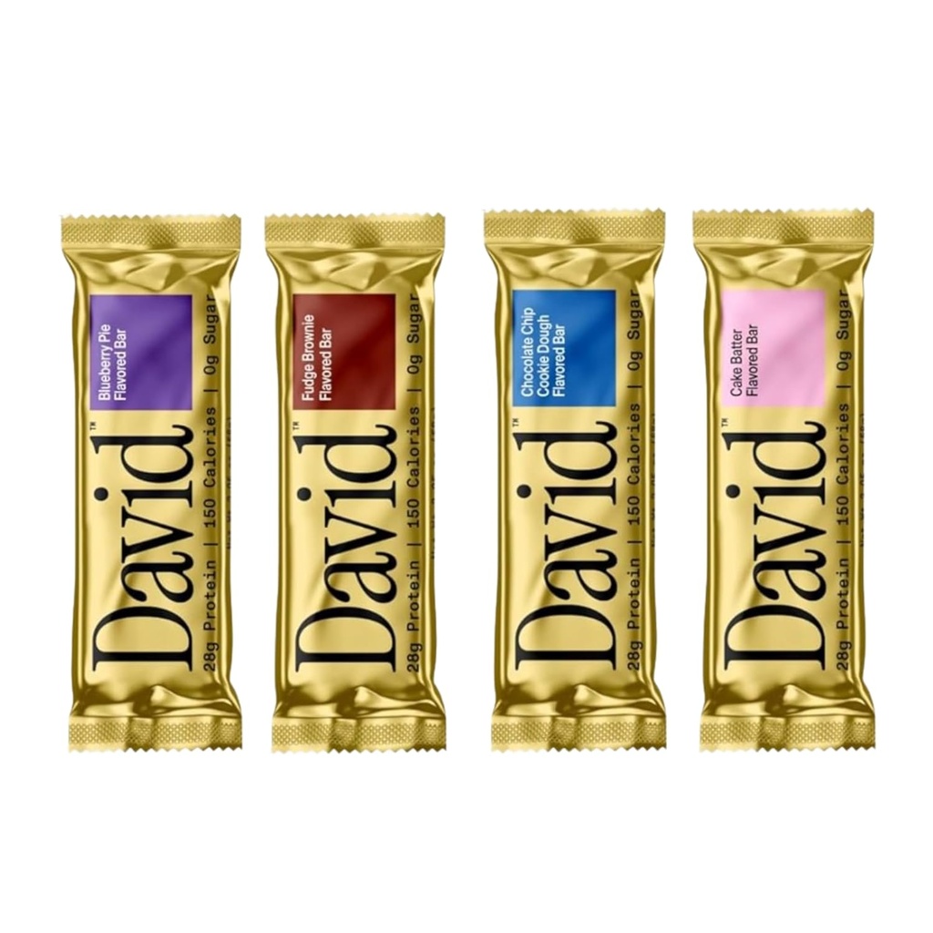 David, Proteinbar, Prøvepakke, Variety Pack, Pakke med 4 Proteinbarer | 28g protein | 150 kalorier | 0g sukker - høy protein, lav carb, glutenfri proteinbar