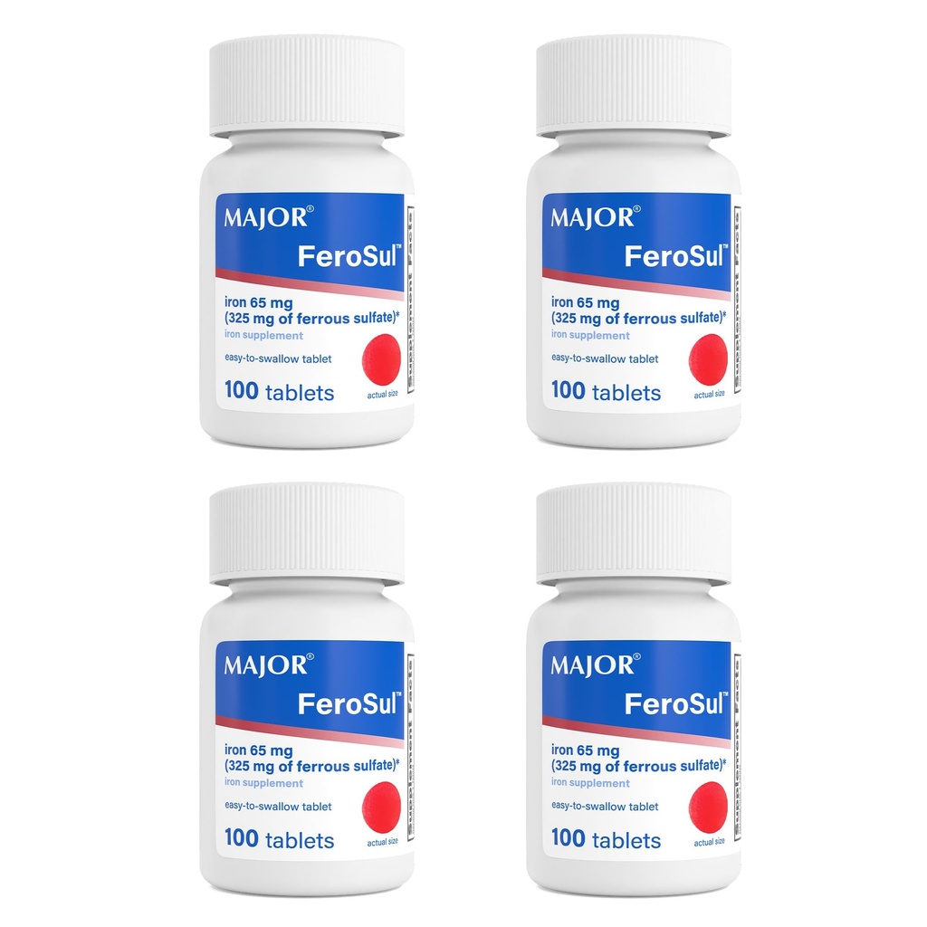 Major FeroSul - Ferrous Sulfate 325 mg Tabletter - jerntilskudd for kvinner og menn - spesielt belagt Easy-to-Swallow Tabletter - Rød - 100 greve (4 pakke)