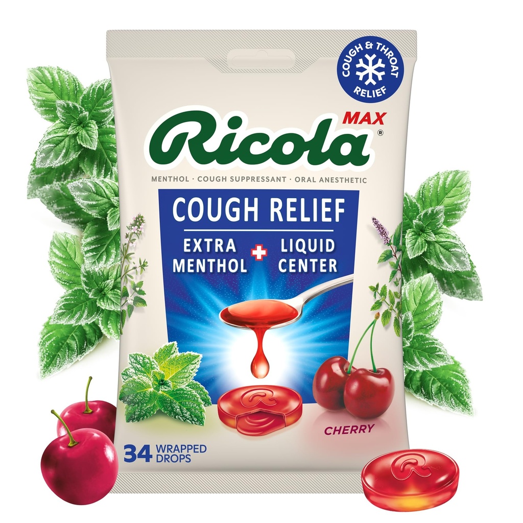 Ricola Max Swiss Cherry Throat Care Stor pose | Cough Suppressant Drops | Dual Action flytende senter | Soothing Long-Lasting Relief - 34 Count (Pack of 1)